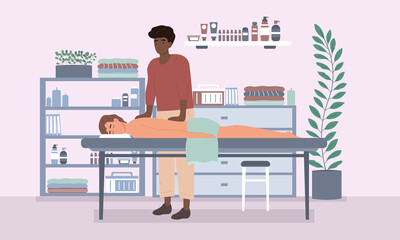 Masseur in a massage parlour with caucasian male client giving him a relaxing pampering body massage in the salon, colored vector illustration