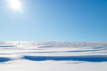 snowy desert with flounces of snow, bright sun and blue sky