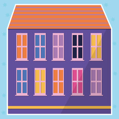 Purple color house sticker in flat style. Modern icon for banner design. Modern illustration. Sticker style.