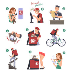 Fototapeta na wymiar Food Express Delivery Service, People Ordering Pizza, Chef Cooking, Courier Delivering Food Cartoon Style Vector Illustration