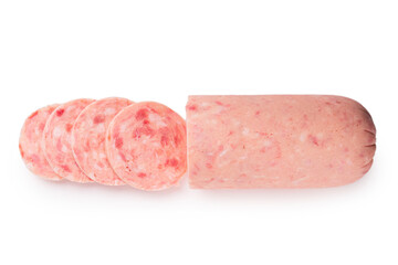 Boiled sausage isolated on white background. Slices.