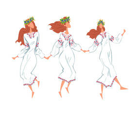 Pagan Ritual Dance, Three Slavic Young Women Dancing Wearing Traditional Dress and Wreath of Flowers Cartoon Style Vector Illustration
