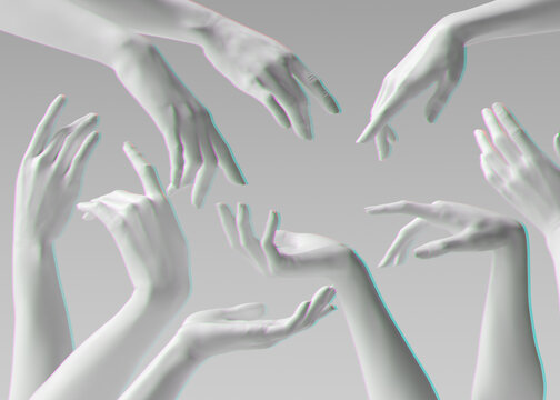 Mannequin hands set duotone, isolated female hand white sculptures elegant gestures isolated 3d rendering concept
