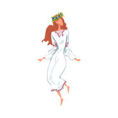 Pagan Ritual Dance, Beautiful Slavic Girl Dancing Wearing Traditional White Dress and Wreath of Flowers Cartoon Style Vector Illustration