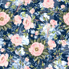  Seamless beautiful pattern wild roses drawn by paints on paper
