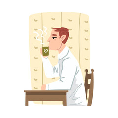Young Man Drinking Hot Coffee in Morning, Businessman or Office Worker Daily Routine Cartoon Style Vector Illustration