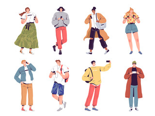 Set of joyful people with phones in their hands. Young men and women use mobile gadgets in different ways. Modern addiction to phones