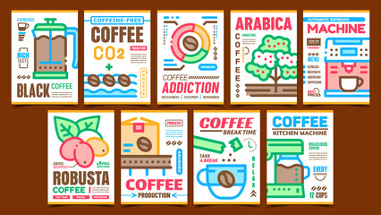 Fototapeta premium Coffee Production Advertising Posters Set Vector. Coffee Professional And Kitchen Machine, Cup And Pot, Harvesting And Addiction Promotional Banners. Concept Template Style Color Illustrations