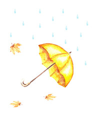 Watercolor yellow umbrella with rain drops and leafs. Hand drawn illustration on white background.
