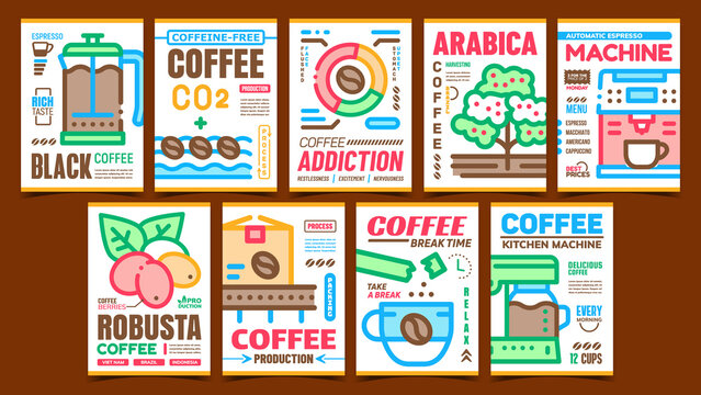 Coffee Production Advertising Posters Set Vector. Coffee Professional And Kitchen Machine, Cup And Pot, Harvesting And Addiction Promotional Banners. Concept Template Style Color Illustrations