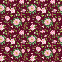  Seamless beautiful pattern wild roses drawn by paints on paper