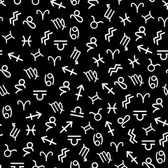 Vector white astronomy zodiac signs seamless pattern background on black surface