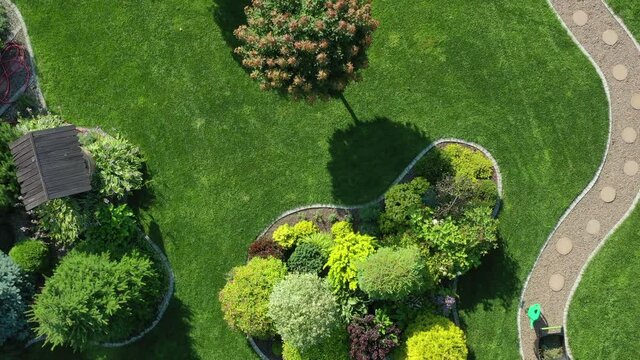 Summer Routine Upkeep Of Huge Backyard Garden And Grass Area. Manicured Landscape Design Of Vast Luxury Private Estate On Sunny Day.