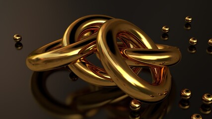 Luxury Realistic Shiny Gold Chain Rings And Gold Metal Spheres Around On The Glass Plane 3D Rendering