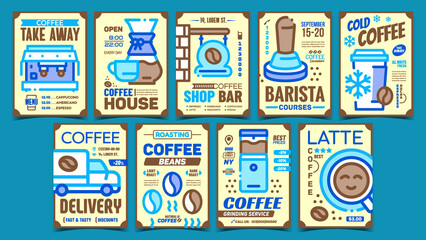 Coffee Creative Advertising Posters Set Vector. Coffee Making Machine And Graffin, Cup And Beams, Shop Bar And Delivering Truck Promotional Banners. Concept Template Style Color Illustrations