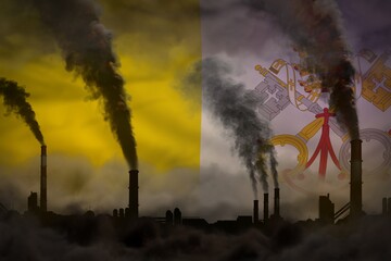Obraz premium Global warming concept - heavy smoke from industry pipes on Holy See flag background with space for your text - industrial 3D illustration
