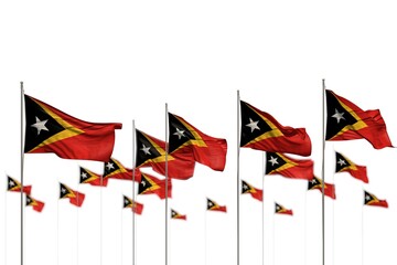 Obraz premium beautiful Timor-Leste isolated flags placed in row with selective focus and space for content - any occasion flag 3d illustration..