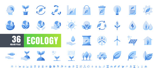Fototapeta na wymiar ector of 36 Ecology and Green Energy Power Monochrome Blue Icon Set. 48x48 and 192x192 Pixel.