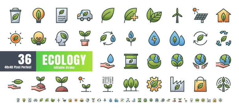 Vector of 36 Ecology and Green Energy Power Bicolor Filled Gradient Line Outline Icon Set. 48x48 and 192x192 Pixel Perfect Editable Stroke.