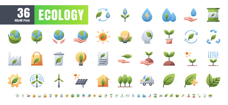 Vector of 36 Ecology and Green Energy Power Gradient Flat Color Icon Set. 48x48 and 192x192 Pixel.