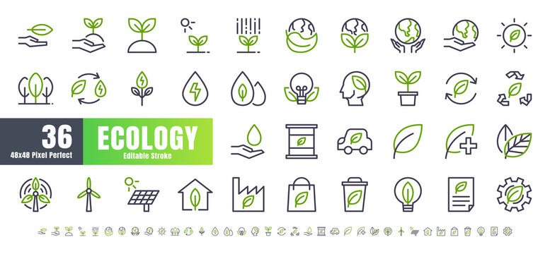 Vector of 36 Ecology and Green Energy Power Bicolor Line Outline Icon Set. 48x48 and 192x192 Pixel Perfect Editable Stroke.