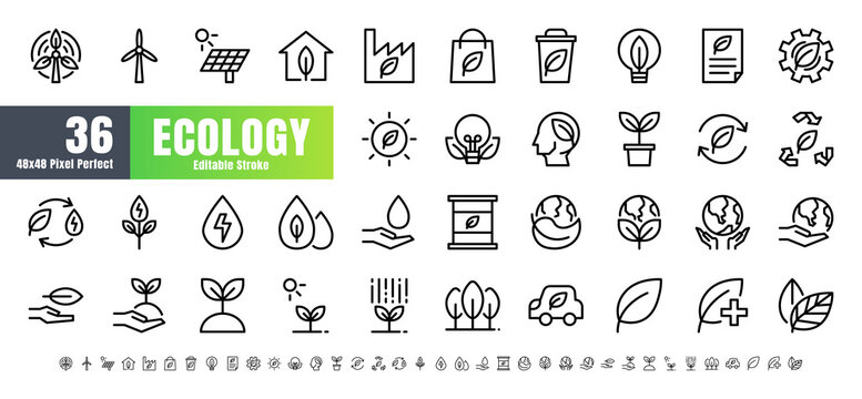 Vector Of 36 Ecology And Green Energy Power Line Outline Icon Set. 48x48 And 192x192 Pixel Perfect Editable Stroke.
