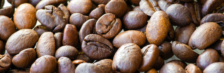 Horizontal macro image of roasted coffee beans