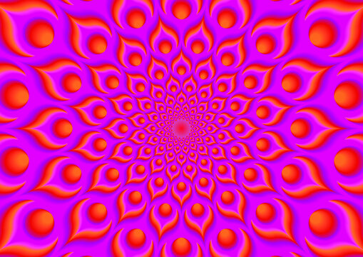 Scarlet flower. Red background from feathers of peacock. Optical expansion illusion.