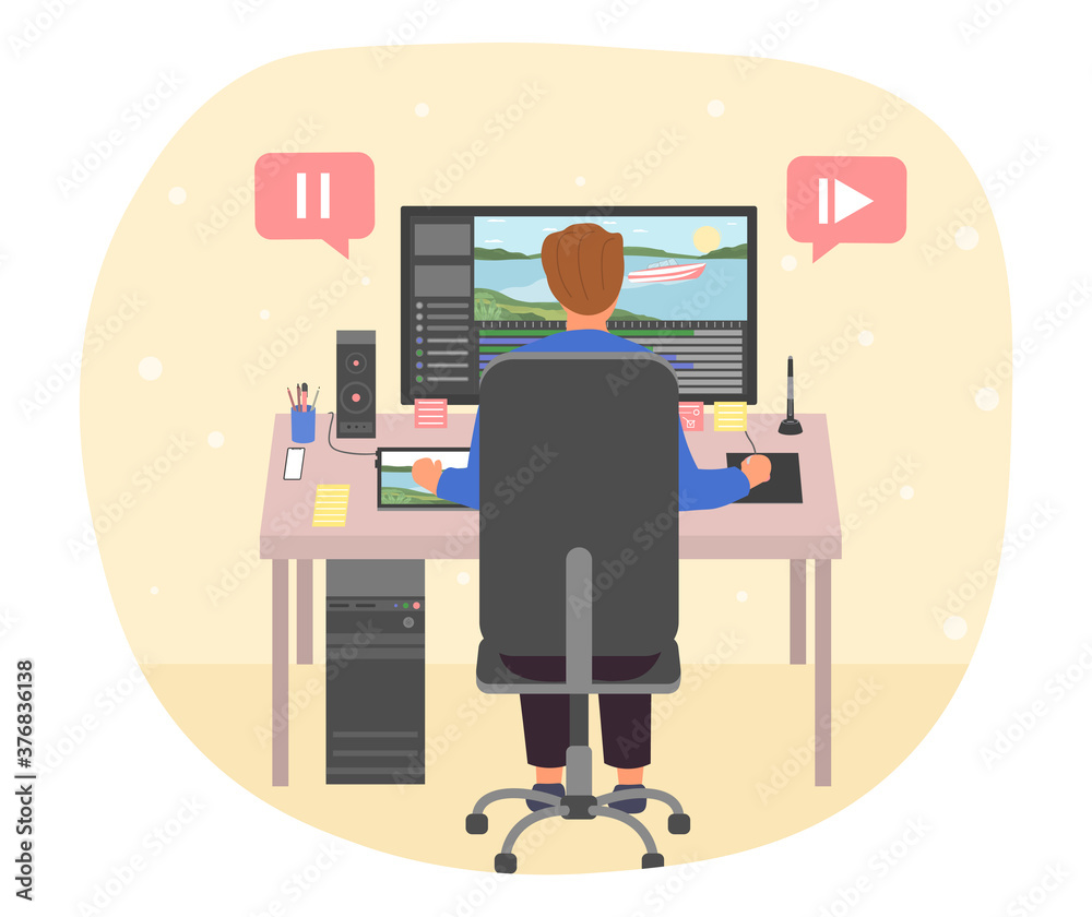 Fototapete motion design concept. motion designer at his workplace. man creating digital animation on a compute