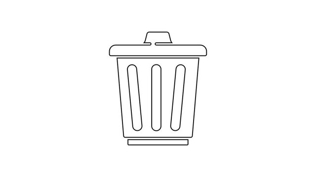 Black line Trash can icon isolated on white background. Garbage bin sign. Recycle basket icon. Office trash icon. 4K Video motion graphic animation.