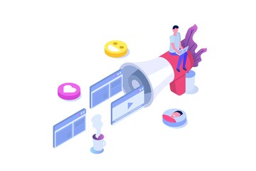 Content SMM manager strategy processes concept. Flat vector isometric illustration.