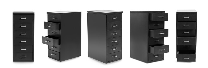 Black chest of drawers on white background