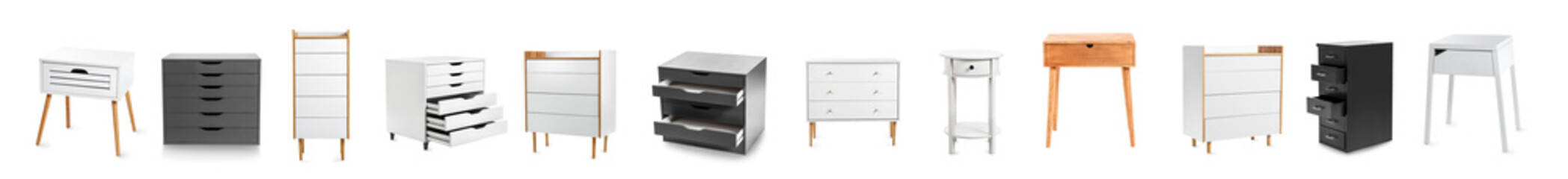 Set of different chest of drawers on white background