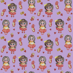Seamless patterns. Lovely kids. Girls in red skirts on a purple background with a gnome and a cup with sweets and hearts. Watercolor. Hand drawing. Childrens collection for design, textiles and decor