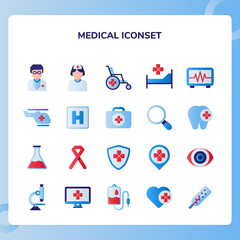 Medical icon set collection doctor nurse helicopter orthodontic chemical microscope thermometer with flat color style.