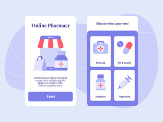 Online pharmacy first aid phill tablet medicine treatment for mobile apps template banner page UI with two variations modern flat color style