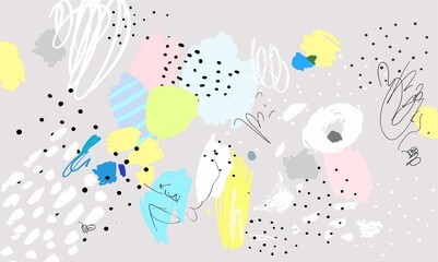 Obraz premium Vector illustration of a colorful abstract background. Contemporary pattern. Brush, marker, highlight stroke. Memphis vintage retro style. Children, kids drawing. Pink, gray, blue, yellow, white color