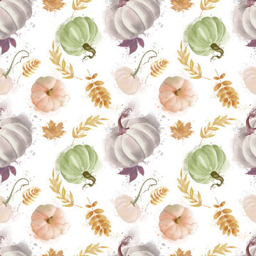 Autumn seasonal seamless pattern gentle colors on white background. Pumpkins and leaves. 6x6 inches (15x15 cm)