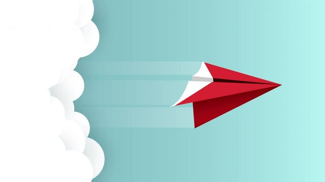 Animated cartoon design of paper plane flying on the sky. Business success concept