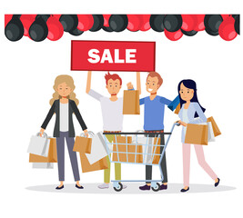 Black Friday Sale Event. Flat People Characters with Shopping Bags. Big Discount, Shopping Concept, Vector illustration