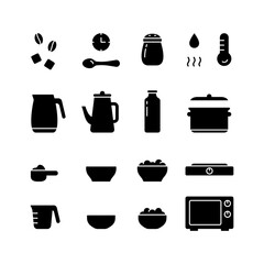 Basic pictograms for instant dry food. Porridge packaging silhouette icons set. Brewing cereals, cooking on stove or microwave. Black outline pictograms. Flat isolated vector illustration on white