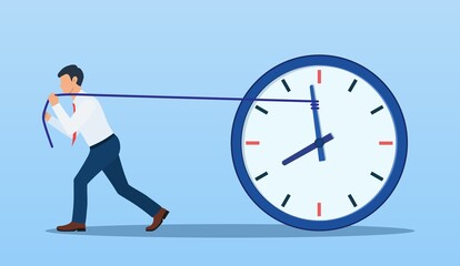 Stop time concept. Business metaphor. Businessman trying to slow down and stop time. Deadline. Time management. Vector illustration in flat style.