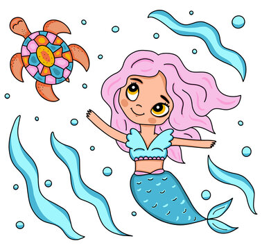 Vector illustration little mermaid chasing sea turtle under water - Colored marine life cartoon character.