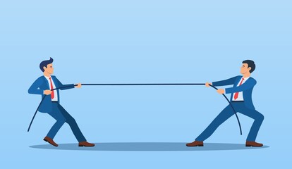 Two Businessmen Pulling Opposite Ends of Rope, Business Competition concept, Rivalry Between Colleagues. Business people. competition, conflict. Tug of war. Vector illustration in flat style.