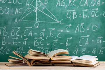 Education concept - books on the desk in the auditorium