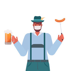 man in medical mask holding beer mug and sausage Oktoberfest party celebration coronavirus quarantine concept guy in german traditional clothes portrait vector illustration