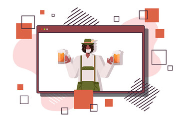 man in medical mask holding beer mug Oktoberfest party celebration coronavirus quarantine concept web browser window online communication horizontal portrait vector illustration