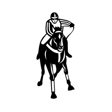 recommend clip art: Jockey Racing Thoroughbred Horse Galloper Front View Retro Black and White
