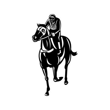 recommend clip art: Jockey Racing Thoroughbred Horse or Galloper Front View Retro Black and White