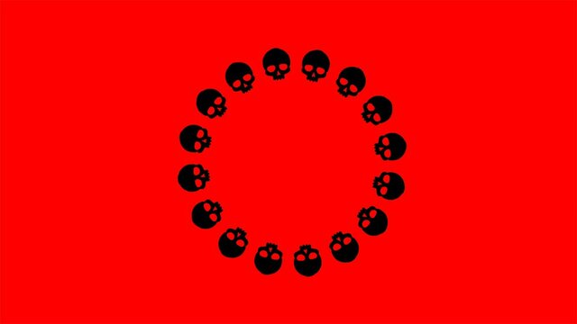 Black skulls are spinning. Red and white background. Movement to music. Halloween holiday. Death sign. Design element. Graphic image. Religion and culture.